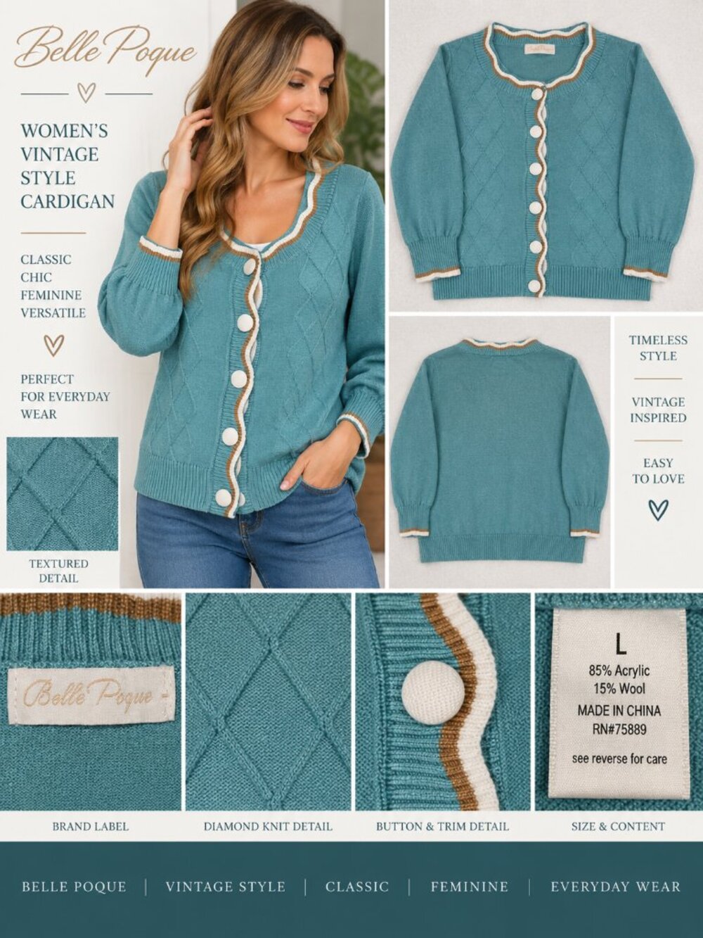 Belle Poque Teal Retro Scalloped Button Cardigan Sweater Pinup Rockabilly Large